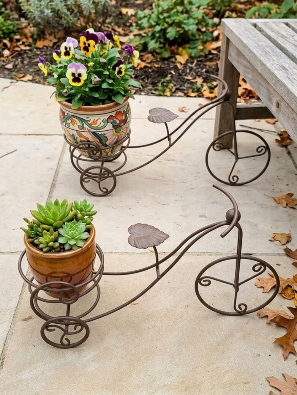 Decorative Metal Tricycle Plant Stands - Set of 2 - Brown